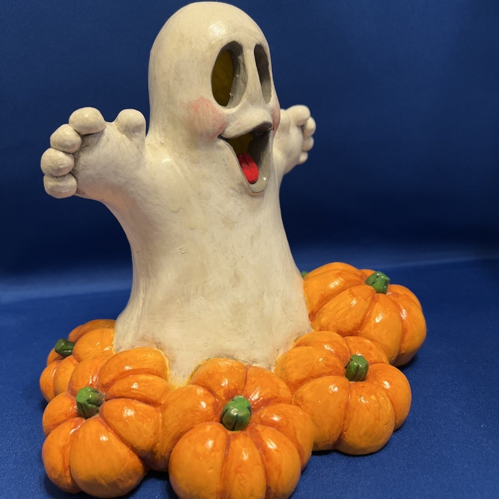Vtg '89 Juta Chalkware Halloween Happy Ghost Pumpkins Candle Cover Figurine 7x8" - Picture 5 of 13